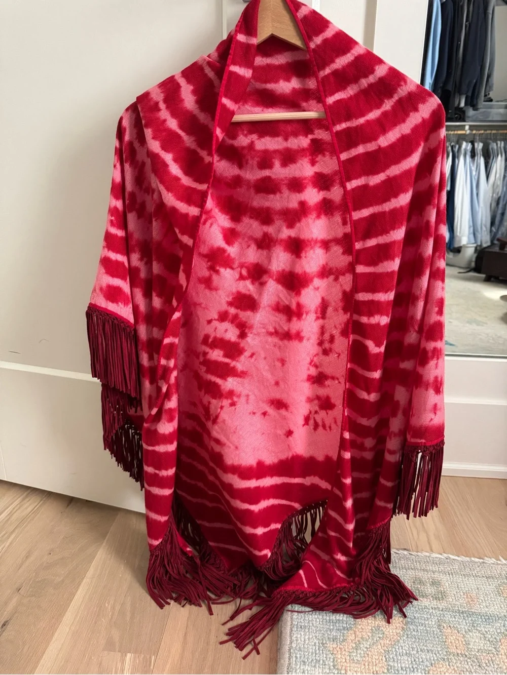 Bajra Cashmere Silk Tie Dye Raspberry triangle scarf with leather fringe